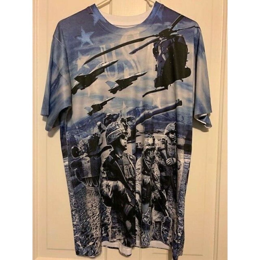 SPIRIT OF AMERICA MILITARY PLANES HELICOPTORS SIZE LARGE POLYESTER SHIRT